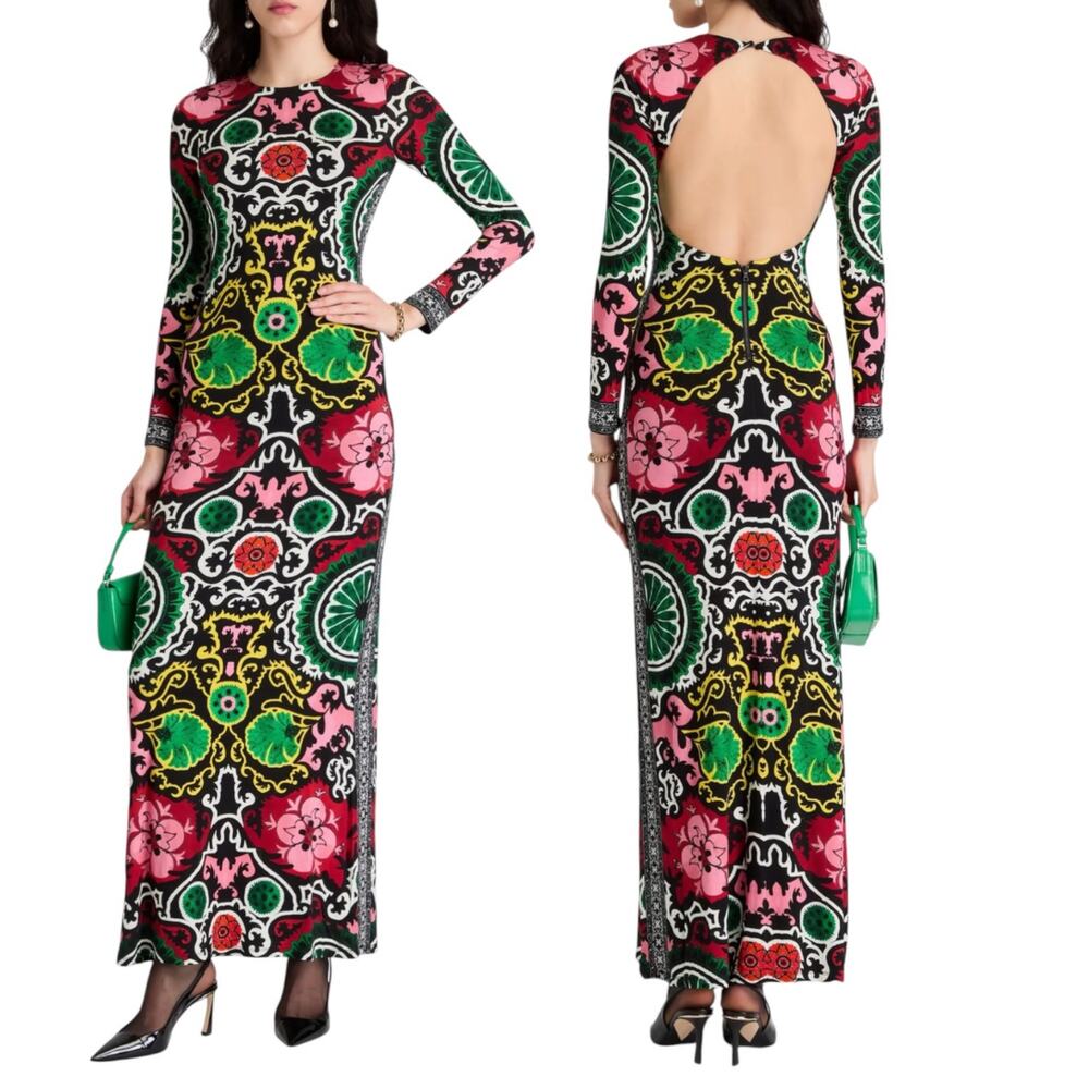 Alice + Olivia Delora Maxi Dress Monarch Black Print Open Back Jersey 4 NWT